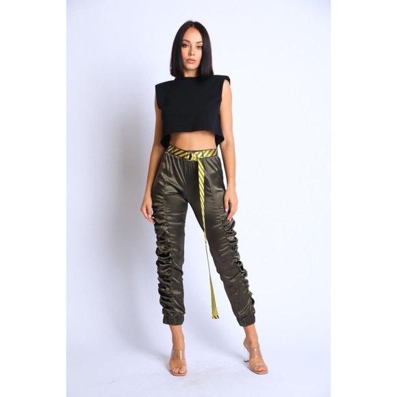 Women's Casual Satin Shirring Long Cuffed Pants With Belted Daily Outdoor Comfy - Picture 3 of 12
